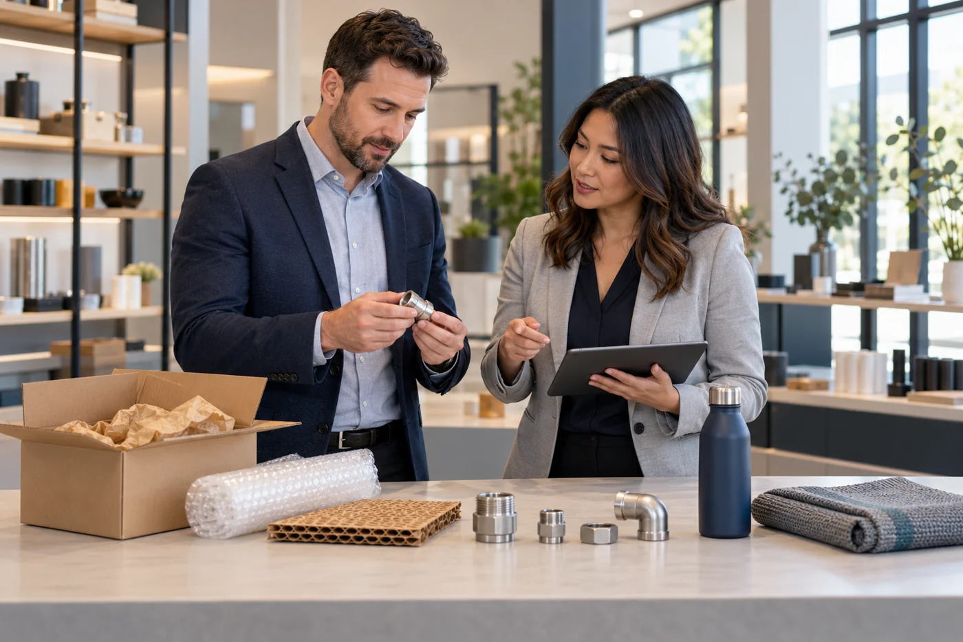 Illustrative scene of professionals reviewing product samples